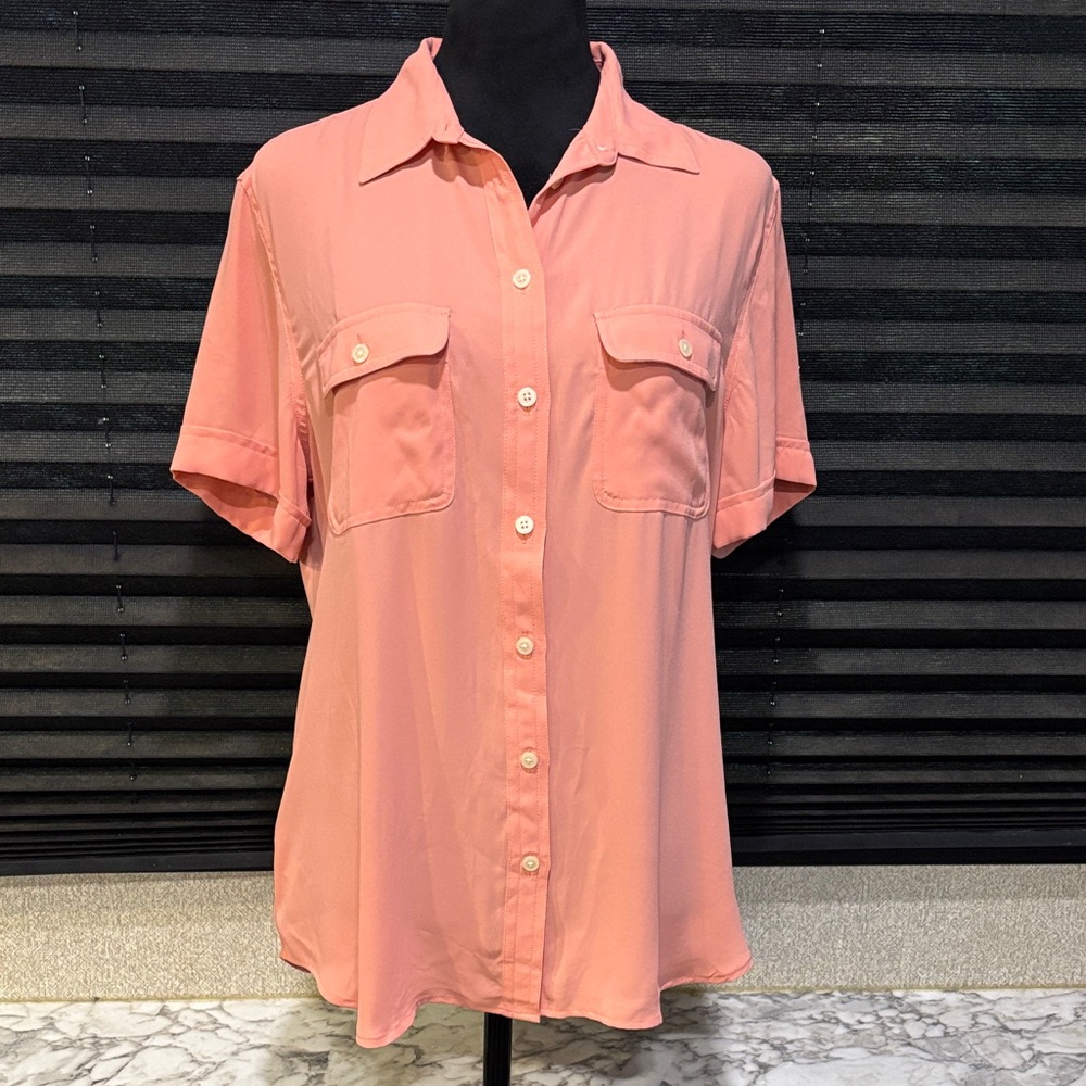 LOFT Women’s Salmon Pink SS Collared Button Front Everyday Blouse SZ Medium